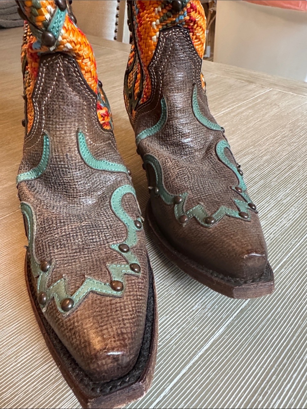 Women's Brown & Turquoise Embroidered Western Heeled Boots - Picture 2 of 5